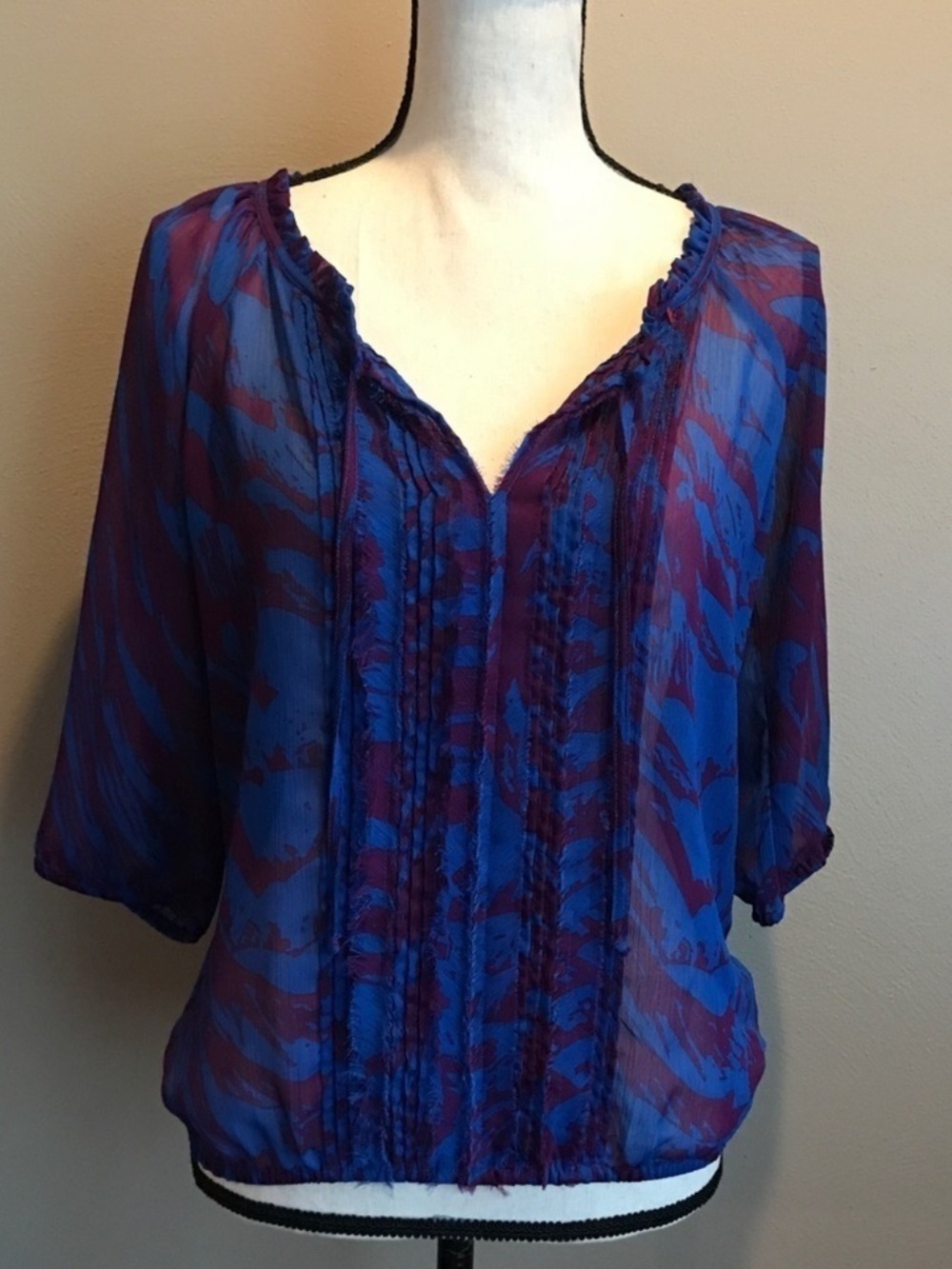 Express Blue and Purple Sheer Pintuck Peasant Blouse